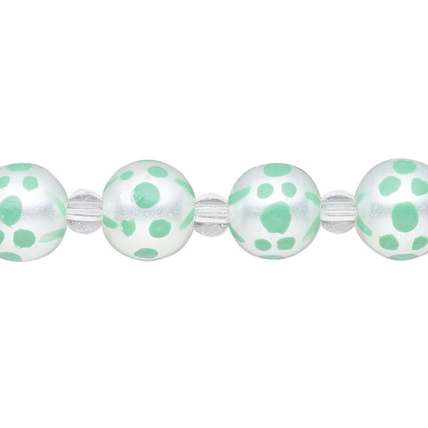 Bead, glass 1pkg8, opaque seafoam green and white, 10mm hand-painted round. image number 0