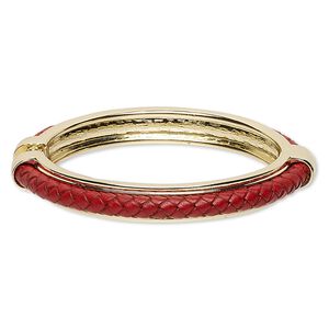 Bracelet, hinged bangle, leather (dyed) with gold-finished steel and "pewter" (zinc-based alloy), red, 10mm wide with braided design, 7 inches. Sold individually.