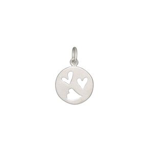 Drop, sterling silver, 11mm single-sided matte flat round with 3 open hearts. Sold individually.