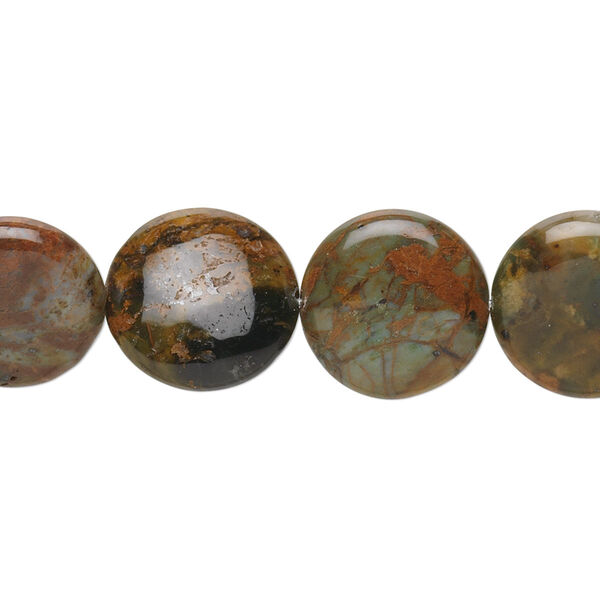 Bead, green "opal" (chalcedony) (natural), 14mm flat round, B grade, Mohs hardness 5 to 6-1/2. Sold per 15-1/2" to 16" strand. image number 0