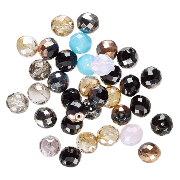 Bead mix, fire-polished glass, opaque to transparent mixed colors, 13-14mm faceted round. Sold per 4-ounce pkg, approximately 30 beads. image number 0
