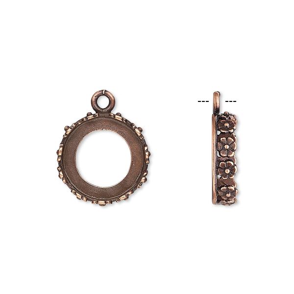 Drop, JBB Findings, antique copper-plated brass, 14.5mm round with open back and flower design trim, 12mm round bezel setting. Sold per pkg of 2. image number 0