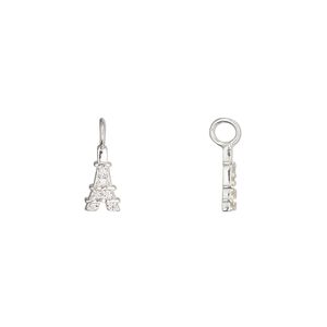 Charm 1pkg1 sterling silver / cubic zirconia 9.5x4.5mm Eiffel Tower perpendicular loop, clear