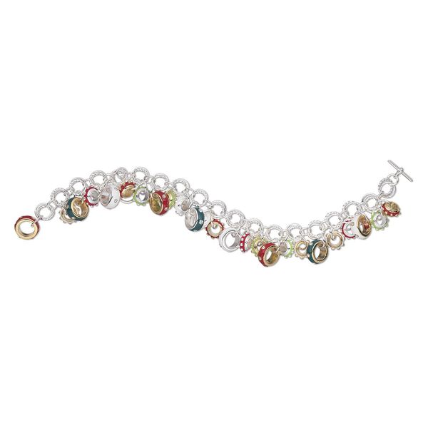 Bracelet, One of a Kind Jewelry, silver-plated brass / glass / enamel, red / green / clear, 7 inches. Only one available. image number 0