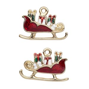 Charm, gold-finished "pewter" (zinc-based alloy) and enamel, red / white / green, 25x15mm left- and right-facing single-sided Christmas sleigh. Sold per pair.