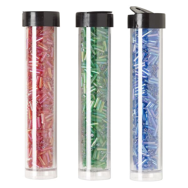 Bugle bead mix, Ming Tree&trade;, glass, translucent and transparent rainbow hot pink / green / cobalt, 1/4 inch. Sold per pkg of (3) 4 x 3/4 inch vials, approximately 2,200 beads. image number 0