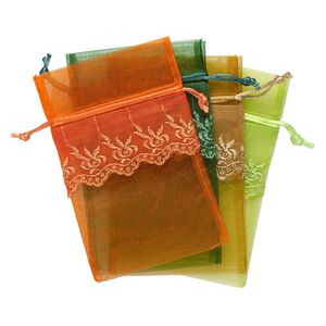 Pouch mix, organza / satin / polyester, assorted colors, 6-1/2 x 4 to 7 x 4-1/2 inches with stitched lace design. Sold per pkg of 4.