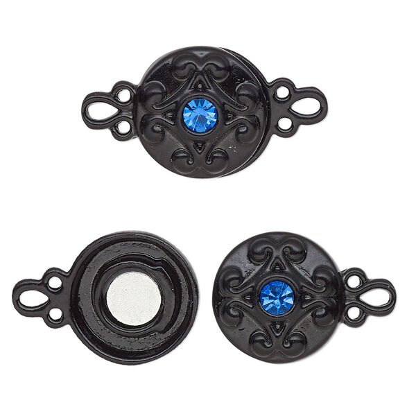 Clasp, magnetic, black-finished "pewter" (zinc-based alloy) and glass, blue, 12mm double-sided round. Sold per pkg of 2. image number 0