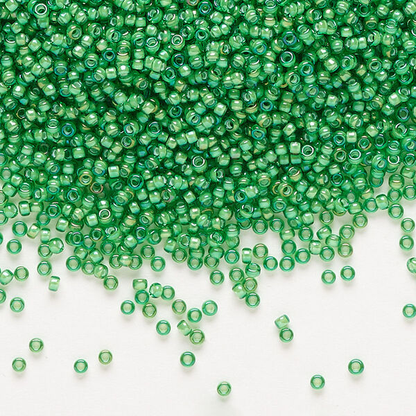 Seed bead, Miyuki, glass, pkg/35g, #15 rocaille, translucent white-lined luster green, (RR-3763). image number 0