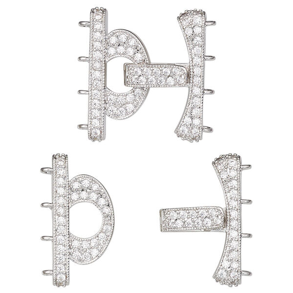 Clasp, 4-strand fold-over, cubic zirconia and rhodium-plated brass, clear, 24x20.5mm. Sold individually. image number 0