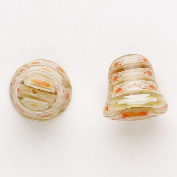 Cord end 1pkg2 millefiori glass, translucent tan / red / white, 17-18mm bell. image number 0