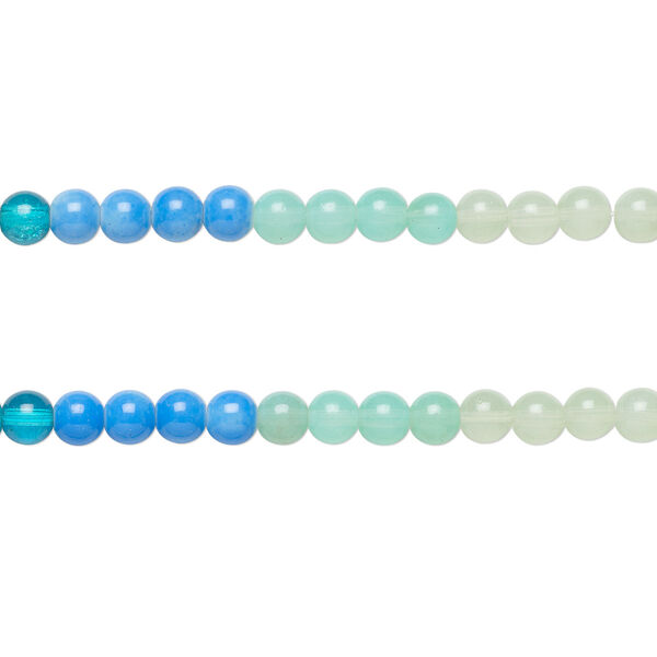 Bead, coated glass, opaque and translucent blues and teals, 8-8.5mm round. Sold per pkg of (2) 7-inch strands, approximately 50 beads. image number 0