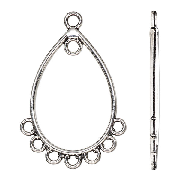 Drop, antique silver-finished "pewter" (zinc-based alloy), 31x21.5mm double-sided open teardrop with 8 closed loops. Sold per pkg of 10. image number 0