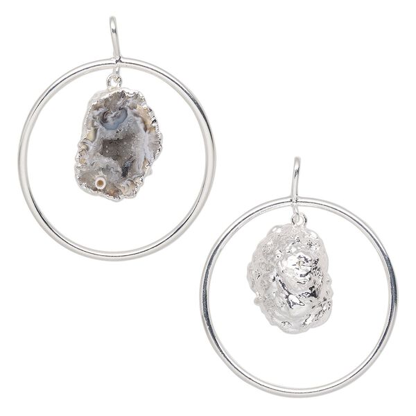 Pendant, Everyday Jewelry, silver-plated brass and agate geode (natural), 52x43mm-54x45mm open round. Sold individually. image number 0