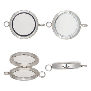 Pendant, glass and stainless steel, clear, 37x30mm hinged round with magnetic closure and loop. Sold individually.