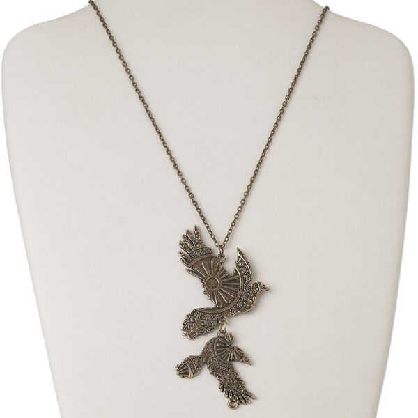 Necklace, antiqued brass-finished "pewter" (zinc-based alloy) and steel, 41x37mm-62x50mm single-sided double dove, 32 inches with lobster claw clasp. Sold individually. image number 0