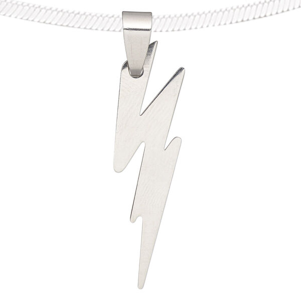 Pendant, stainless steel, 38x12mm matte and shiny lightning bolt. Sold individually. image number 0