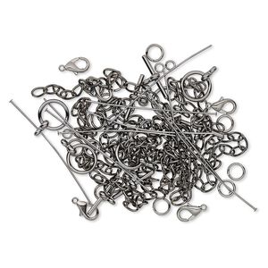 Finding, gunmetal-plated brass and "pewter" (zinc-base alloy), assorted shape. Sold per pkg of 50.