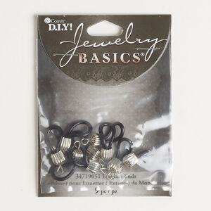 Eyeglass holder 1pkg9, rubber / antique silver-finished brass and steel, black, 21.5x8.5mm with 7mm corrugated cap.