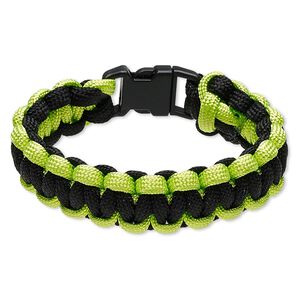 Bracelet, nylon paracord and plastic, neon green and black, 18mm wide survival, 6 inches with buckle clasp. Sold individually.