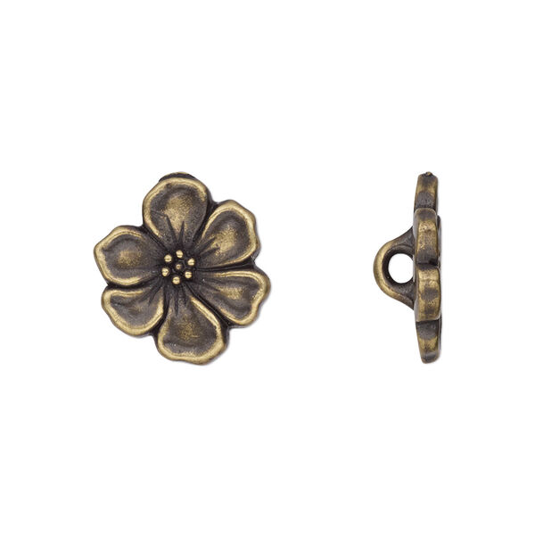Button, TierraCast®, antique brass-plated pewter (tin-based alloy), 15x14mm flower with loop. Sold per pkg of 20. image number 0