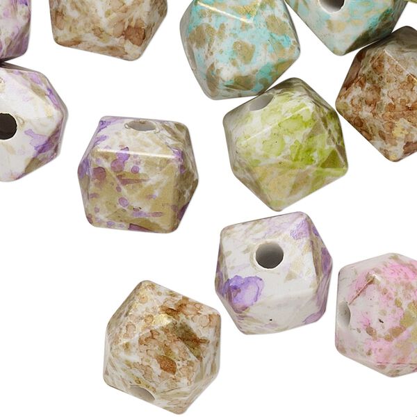 Bead mix, acrylic, mixed colors, 12x12mm faceted cube with speckles. Sold per pkg of 50. image number 0
