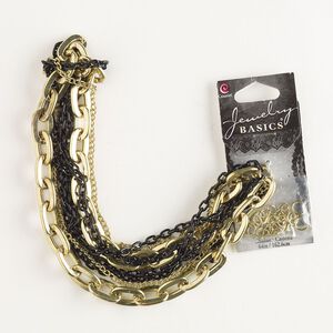 Chain assortment, gold- and black-finished "pewter" (zinc-based alloy) and steel, 2-9mm curb and cable. Sold per pkg of 12.