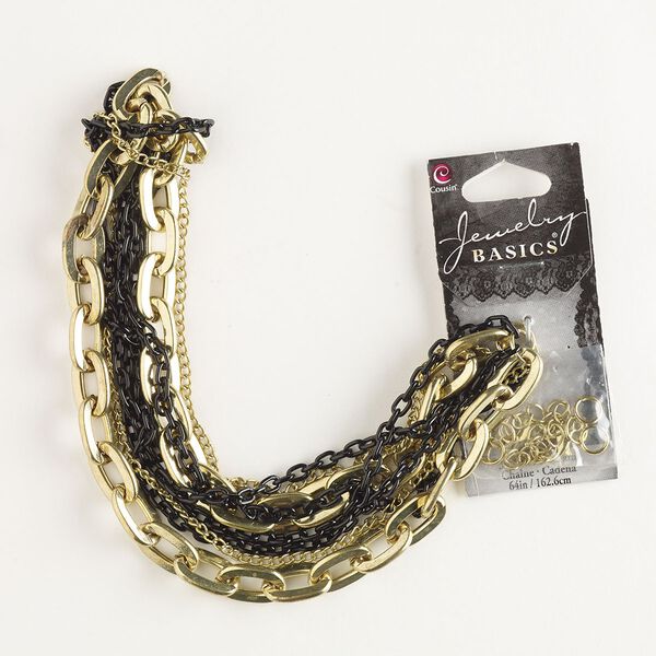 Chain assortment, gold- and black-finished "pewter" (zinc-based alloy) and steel, 2-9mm curb and cable. Sold per pkg of 12. image number 0
