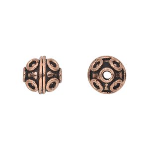 Bead, antique copper-plated copper, 10mm round with circle and line pattern. Sold per pkg of 8.