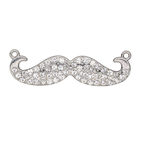 Focal, glass rhinestone and silver-finished "pewter" (zinc-based alloy), clear, 51x13mm single-sided mustache. Sold individually. image number 0