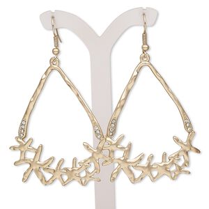 Earring, glass rhinestone with gold-finished brass and "pewter" (zinc-based alloy), clear, 2-3/4 inches with open triangle and fishhook ear wire. Sold per pair.