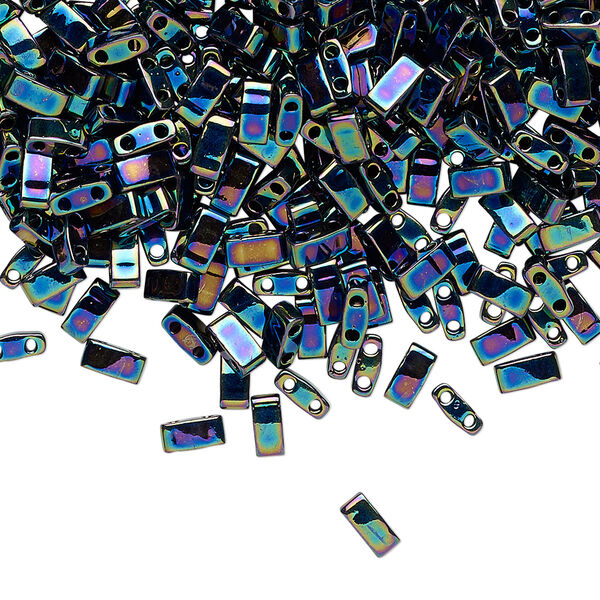 Seed bead, TILA®, glass, pkg/250g, 5x2.3mm half tila rectangle, opaque metallic iris variegated blue, (HTL-455). image number 0