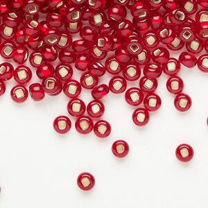 Seed bead glass pkg/50g #6 round square hole, translucent silver-lined red