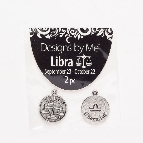 "Pewter" (zinc-based alloy) / enamel 1pkg2, 2-sided round charm / Libra / "Charming" antique silver-finish / black 17mm image number 0