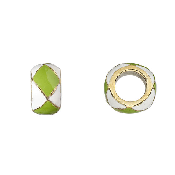 Bead, Dione®, enamel and gold-finished "pewter" (zinc-based alloy), opaque lime green and white, 13x7mm rondelle with 7mm hole. Sold individually. image number 0