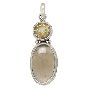 Pendant, smoky quartz (heated) / citrine (heated) / sterling silver, 48x21mm oval and round. Sold individually.