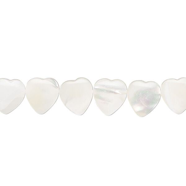 Bead, mother-of-pearl shell (bleached), white, 10mm puffed hand-cut heart, Mohs hardness 3-1/2. Sold per 15-1/2" to 16" strand. image number 0
