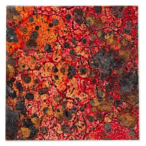 Sheet, Lillypilly, lacquered copper, wild fire patina, 3-inch single-sided square, 24 gauge. Sold individually.