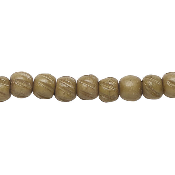 Bead, bone (dyed), khaki, 5x4mm corrugated barrel, Mohs hardness 2-1/2. Sold per 15-1/2" to 16" strand. image number 0