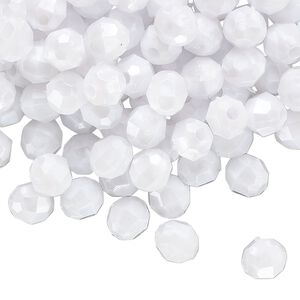 Bead, acrylic, opaque white pearl, 6mm faceted round. Sold per 100-gram pkg