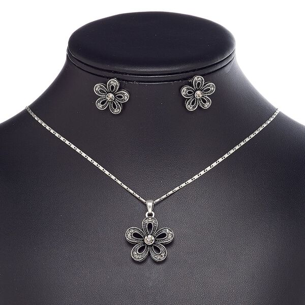 Necklace and earring set, enamel / glass rhinestone / imitation rhodium-plated brass / steel / imitation rhodium-plated "pewter" (zinc-based alloy), black and grey, 25x25mm flower, 18-inch necklace with 2-inch extender chain and lobster claw clasp, 19x19mm flower with post. Sold per set. image number 0