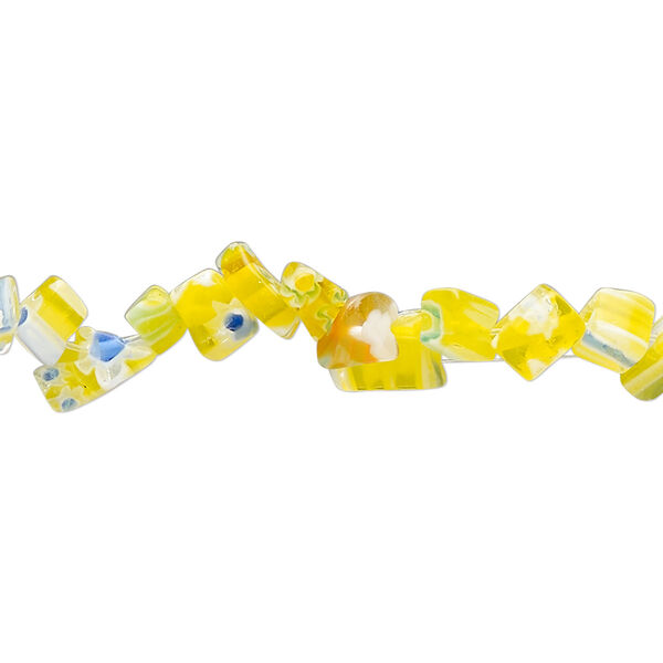 Bead, millefiori glass, translucent yellow and multicolored, small chip. Sold per 32-inch strand. image number 0