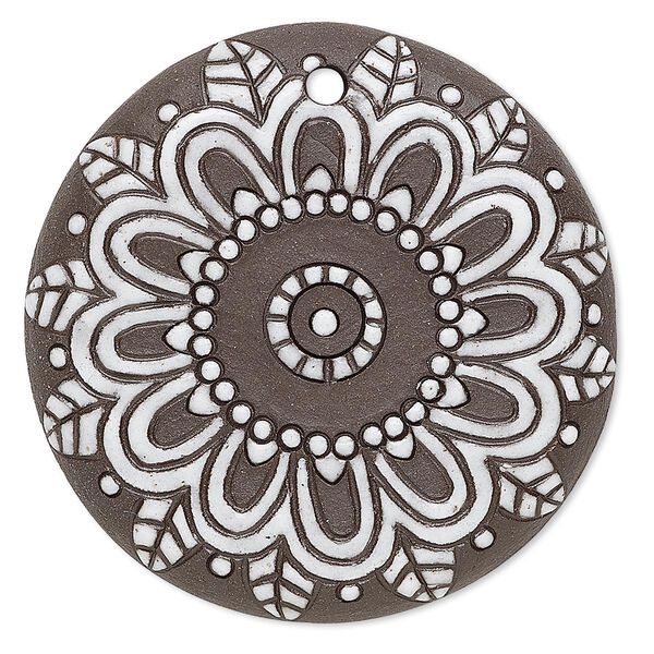 Focal, ceramic, brown and white, 45mm single-sided round with geometric flower design, 2.5mm hole. Sold individually. image number 0