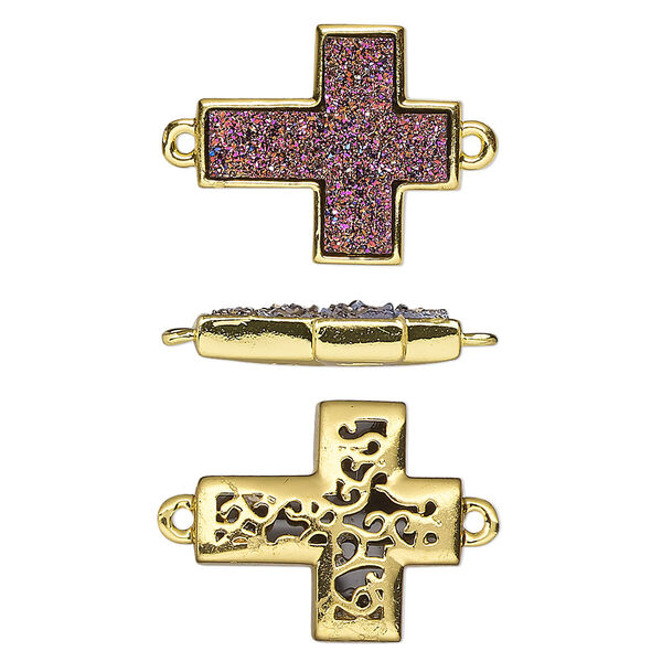 Link, Druzylite™, "druzy" (resin) and gold-finished brass, metallic purple, 18x16mm two-sided cross with open filigree back. Sold per pkg of 4. image number 0