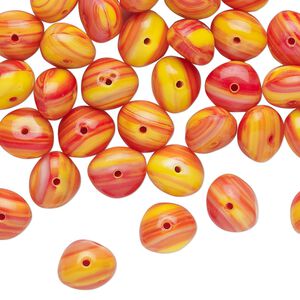Bead, Czech pressed glass, opaque red / yellow / orange, 8x6mm-9x6mm freeform rondelle with line design. Sold per 1-ounce pkg, approximately 55 beads.