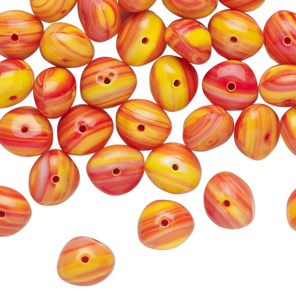 Bead, Czech pressed glass, opaque red / yellow / orange, 8x6mm-9x6mm freeform rondelle with line design. Sold per 1-ounce pkg, approximately 55 beads. image number 0