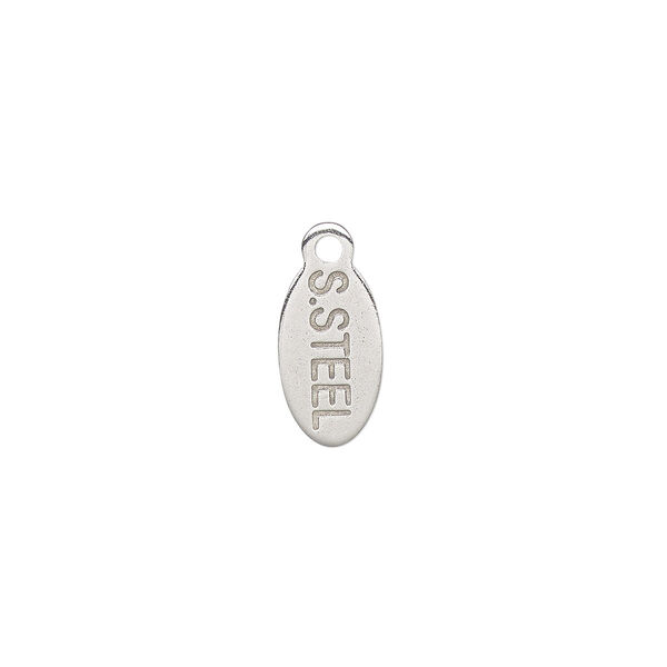 Drop, stainless steel, 10x6mm two-sided flat oval tag stamped with "S. STEEL." Sold per pkg of 10. image number 0