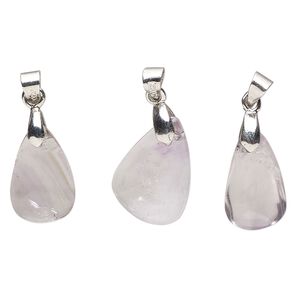 Amethyst / pewter (tin-based alloy) 1pkg3, imitation rhodium-finished teardrop freeform pendant natural 18x8mm-22x14mm