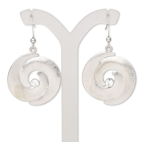 Earring, glass rhinestone with imitation rhodium-finished brass and steel, clear, 45mm with brushed swirl and fishhook ear wire. Sold per pair. image number 0