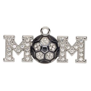 Focal, glass / enamel / silver-finished "pewter" (zinc-based alloy), clear and black, 48x17mm single-sided "MOM" with soccer ball. Sold individually.